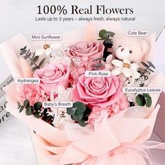 Preserved Flowers Bouquet with Bear, 3 Real Forever for Pink