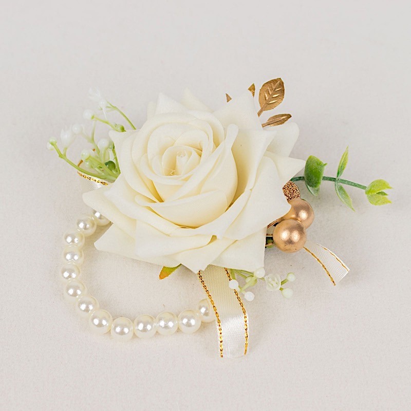 WHITE 2 SILK ROSES 4″ Wrist Corsages with Pearls Wedding Flowers Party Bouquets