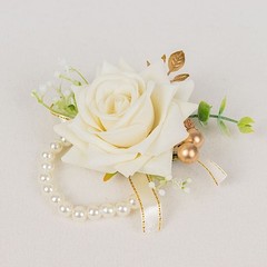 WHITE 2 SILK ROSES 4″ Wrist Corsages with Pearls Wedding Flowers Party Bouquets
