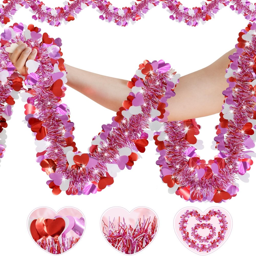 50FT Valentines Heart Tinsel Red Pink White Hearts, Hearts