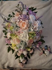 Pastel Bouquet and Boutonniere, Teardrop Style, Pink, Blue, Lavender 2pc Set