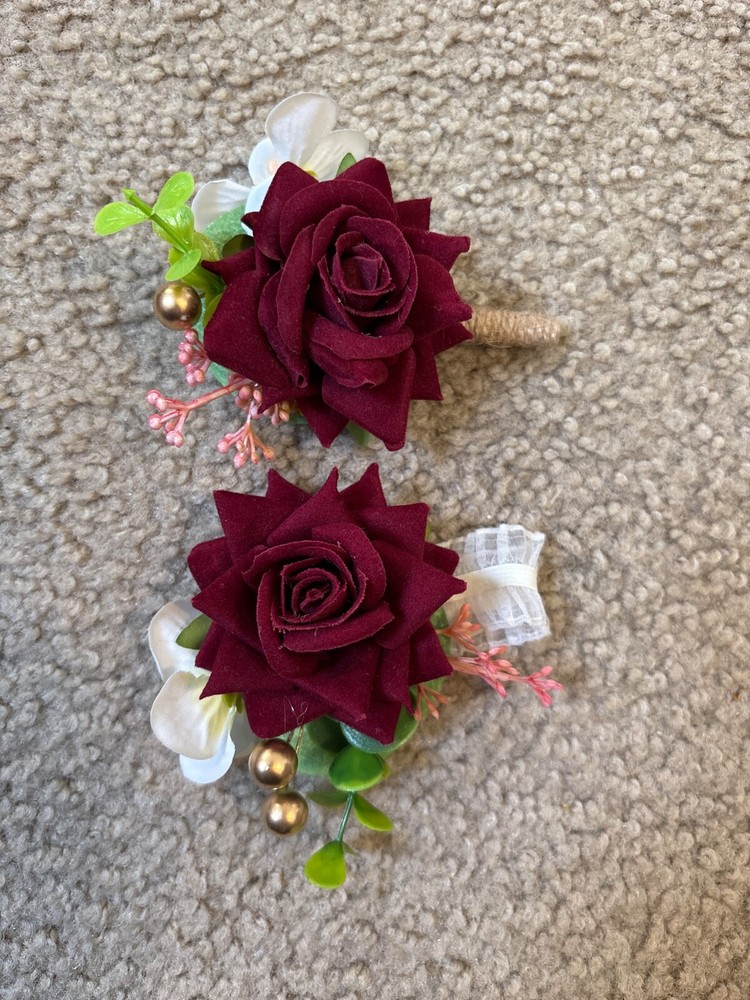 Deep Red Corsage and Boutonniere Set for Wedding Prom, Artificial Flower Wrist