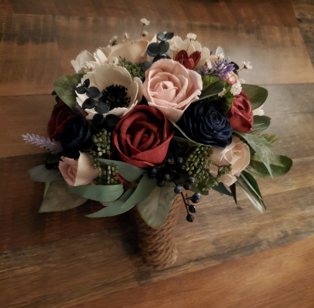 12PC Navy Blue Burgundy Blush Bridal Bouquet & Matching Sola Wood Wedding Flower