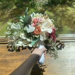Bridal Wedding Bouquet Hand made Budget Friendly Faux Flowers White Pink Green