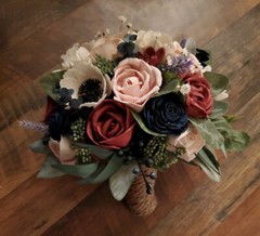 12PC Navy Blue Burgundy Blush Bridal Bouquet & Matching Sola Wood Wedding Flower