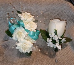 NEW 6″ Artificial Ivory Rose Wrist Corsage & Matching Bout, Pearls, Turquoise