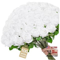 []Pcs Realistic Artificial flowers Roses Bulk, Silk Flowers for 100 White