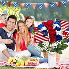 28 Pcs Red White and Blue Flowers, Patriotic Memorial Bouquet Atificial