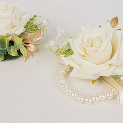 WHITE 2 SILK ROSES 4″ Wrist Corsages with Pearls Wedding Flowers Party Bouquets