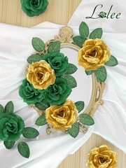 108pcs Roses Head Flowers with Stem – Emerald Green Gold Artificial Green-gold