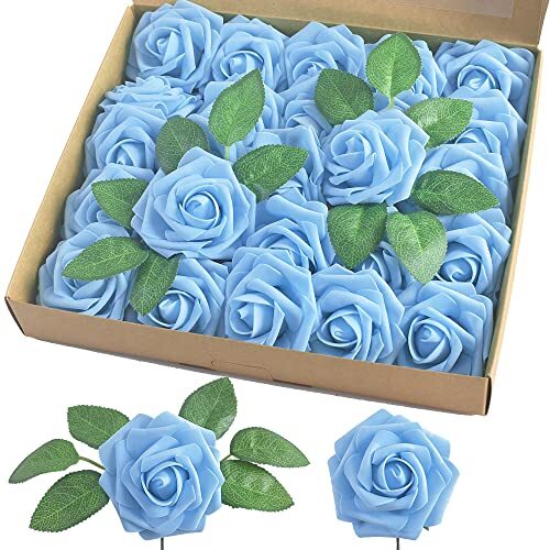Artificial Rose, 25pcs Foam Artificial Flowers with Stem for Home Aqua Blue