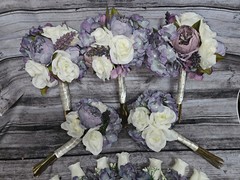 12 Piece Wedding Bouquet Set, Purple, Ivory, Rose, Peony, Vintage Style Bouquets
