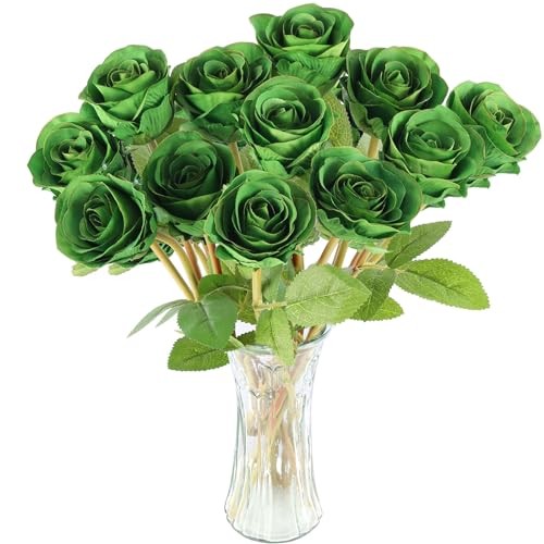 Hananona Artificial Roses Flowers for St. Patrick’s Day，Pcs Silk Rose 12 Green