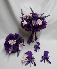 Rustic Package Silk Flower Wedding Bridal Bouquet Eggplant Lavender Lace Burlap