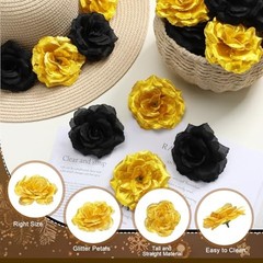 Yunlly 100 Pcs Artificial Flowers – Long Stem Silk Roses – Black & Gold