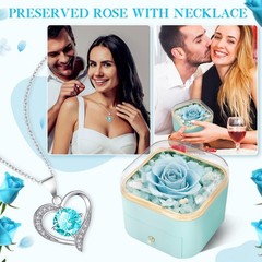 Beferr Gifts for Mom Preserved Real Rose with Necklace Eternal Light Blue