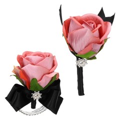 2Pcs Wrist Corsage Boutonnieres Set with Black Ribbon, Autumn Pink