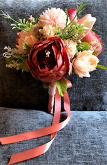 Peach Pink (Melon) and Light Pink Bridal Wedding Bouquet Faux Flowers Handmade