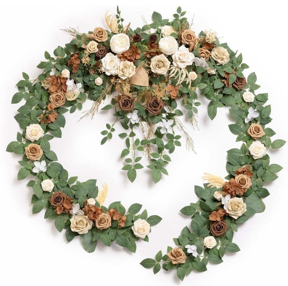 *READ* Ling’s Moment 9FT Eucalyptus & Rose Floral Garland Decoration-Beige Brown