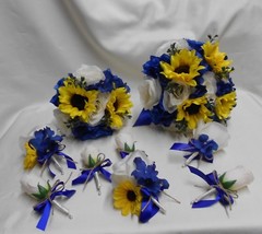 Rustic Package Silk Flower Wedding Bridal Bouquet Sunflower Royal Blue Burlap