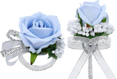 2Pcs Light Blue Rose Corsage and Men Boutonniere Set Women Wristlet Band Wris…