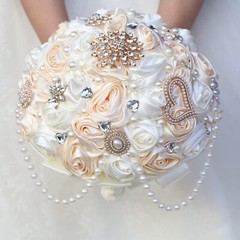 Ivory and Champagne Bridal Wedding Bouquet with Rhinestone Brooch Pearl Strin…