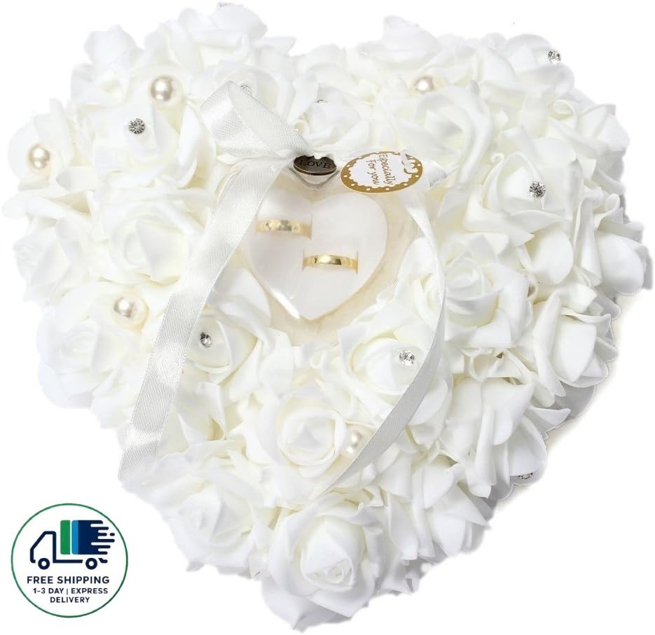 Almohada para anillos de boda, color marfil, con forma de corazón y encaje rosa