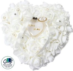 Almohada para anillos de boda, color marfil, con forma de corazón y encaje rosa
