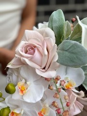 Soft pink & white rose, orchid & lily Wedding Waterfall Bouquet in real touch