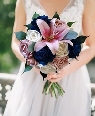 Pink Stargazer Lily Bridal Bouquet Navy Blue Sola Wood Cascade Bridesmaid Flower