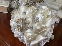 Beautiful White Wedding Brooch Bouquet Gems & Pearl Bridal Satin Rose Flowers