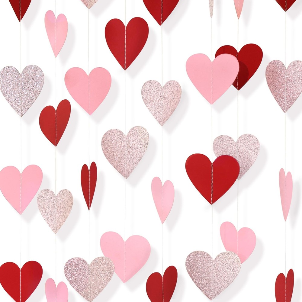 Paper Heart Garland – Larger 2.8 Inch 52 FT 4 Red Pink Rose Gold