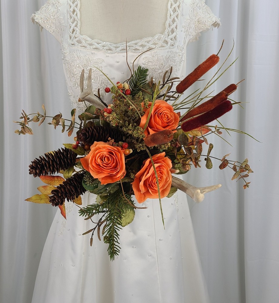 Orange Autumn Rustic Antlered Silk Wedding Bouquet