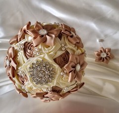 Bridal Bouquets Cream, Tan Satin Ribbon Roses, Crystal Brooches, Buttonhole…