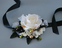 Ivory Rose and Black Wrist Corsage and Boutonniere Set for Wedding Flower Access