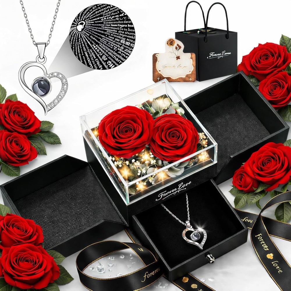 Forever Love Preserved Real Rose with Heart Necklace, for Mom, 2 Red Roses