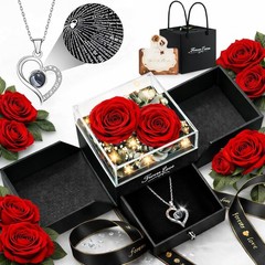 Forever Love Preserved Real Rose with Heart Necklace, for Mom, 2 Red Roses