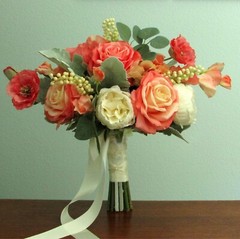 Silk Flower BRIDAL BOUQUET Coral Pink Peach and Green Roses, Poppy, Hydrangea