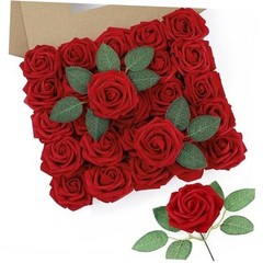 50Pcs Artificial Roses Flowers Fake Roses with Stems Real Touch 50PCS Dark Red