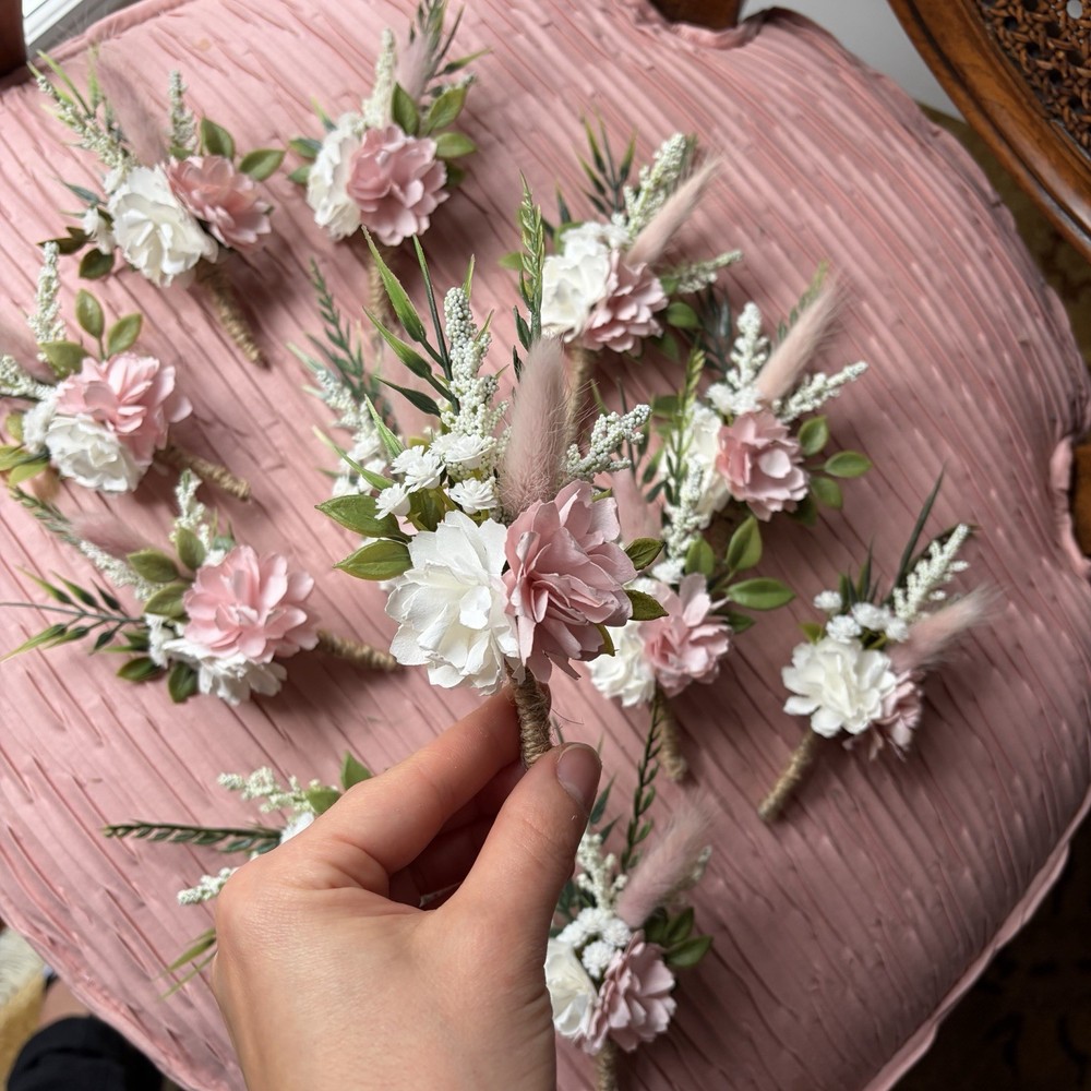 Lot Of 12 Light Pink Boutonnieres Artificial/paper/dried Flowers