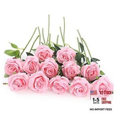 12 PCS Artificial Flowers Roses Silk Flowers Fake Long Stem Artificial Pink