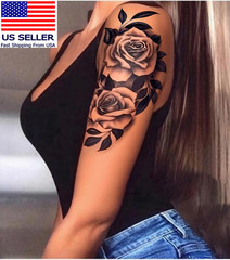 7Pcs Red Temporary Rose Flower Arm & Leg Tattoo Stickers, Sexy Stripper Chest &