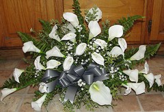 White Calla Lily Centerpiece One sided 28″L x 14″H x 10″W Fern Babys Breath