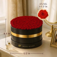 Moss Heart 100 Petite Preserved Roses, Large Round Shaped Box, 100 Red