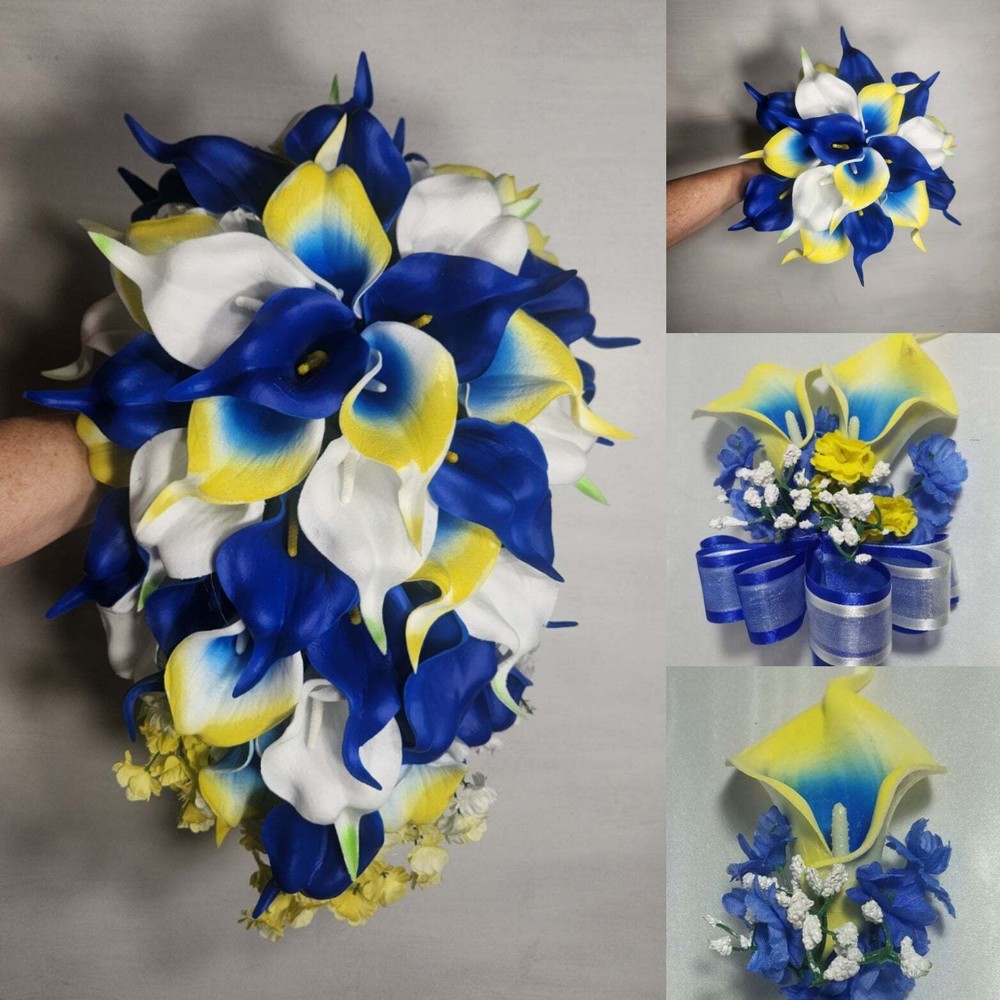 Yellow Royal Blue Calla Lily Bridal Wedding Bouquet Accessories