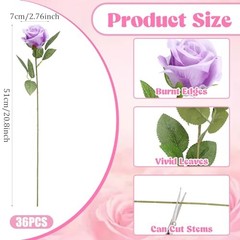 36 Pcs Silk Rose Bouquet Bridal Artificial Flowers,Fake Rose Long Stem Purple