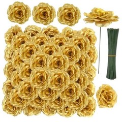 Rose Head Flowers with Stem – 108pcs Rose Artificial Flowers Bulk – 3.1” Gold