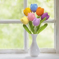 Crochet Flowers, 7PCS Fake Tulips Artificial Flowers Handmade Knitted Tulip