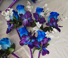 Wedding Bouquet Set, Purple, Blue, White, Roses, Orchids, 17 Piece Wedding Pkg