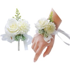 White Silk Flower Wrist Corsage & Boutonniere Set, 3 Artificial Rose and